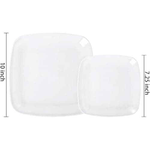 PULOTE 100PCS White Plastic Plates - White Square Disposable Include 50 Dinner 10 inch & 50 Dessert 7.25inch Plates, Ideal for Party & Wedding view 3