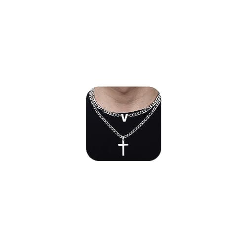 ZNBOH Cross Initial Necklace for Men Stainless Steel Silver Layered Cuban Figaro Link Chain Letter Christian Cross Pendant Initial A-Z Jewelry Gift for Husband Women — image 1