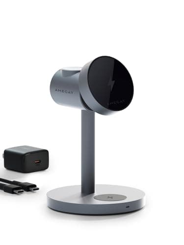 AMEGAT MagFusion 3-in-1 Charging Station Compatible with MagSafe, Qi2 Certified 15W Magnetic Wireless Charger Stand, for iPhone 17/16/15/14/13/12 Series, Apple Watch, AirPods(30W PD Charger Included)
