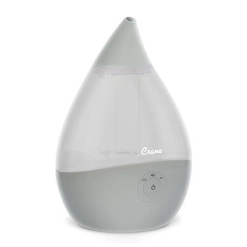 Crane Teardrop Ultrasonic Cool Mist Baby Humidifier for Nursery, Essential Oil Diffuser, Adjustable Settings, Auto Shut-Off, Grey, 0.5 Gallon