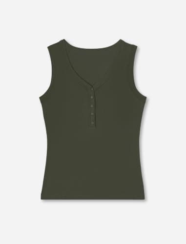 Women's Ribbed Henley Tank Top V Neck Button Wide Strap Fitted Cotton Tops view 2