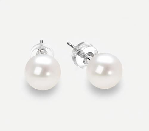 Round White Freshwater Cultured Pearl Stud Earrings, Sterling Silver 18K Gold Plated Hypoallergenic Earring Studs Jewelry For Women- AAAA Quality view 6