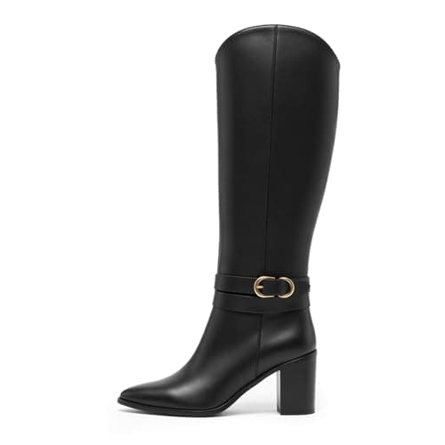 WIRALOMI Knee High Boots for Women Pointed Toe Chunky Heel Boots Metal Buckle Boots with Side Zipper view 4