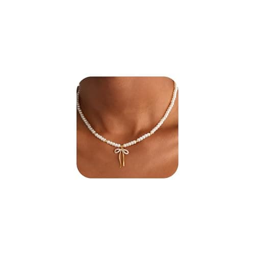 Fimhut Valentines Day Gifts for Women Dainty Bow Necklace 14K Gold Plated Cute Choker Small Pendant Charm Necklaces Teen Gift Trendy Stuff Personalized Jewelry.Women Jewelry Gift