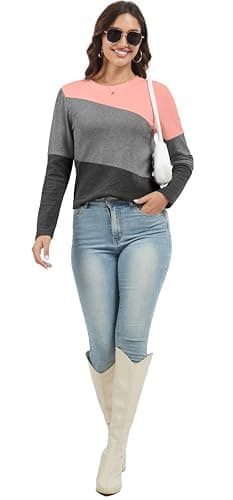 Jeqeocafy Women's Color Block Tunics Tops Crewneck Long Sleeve Shirts Casual Pullover Loose Fit T-Shirt view 2