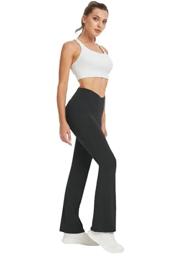 DLOODA Women's Yoga Pants with Pockets No Front Seam Crossover High Waisted Flare Leggings Tummy Control Bootcut Pants view 6