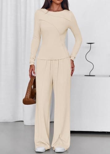 Lazysmile Lounge Sets For Women 2 Piece Sets Fall Outfits Long Sleeve Tops with Wide Legs Pants Casual Matching Set view 5