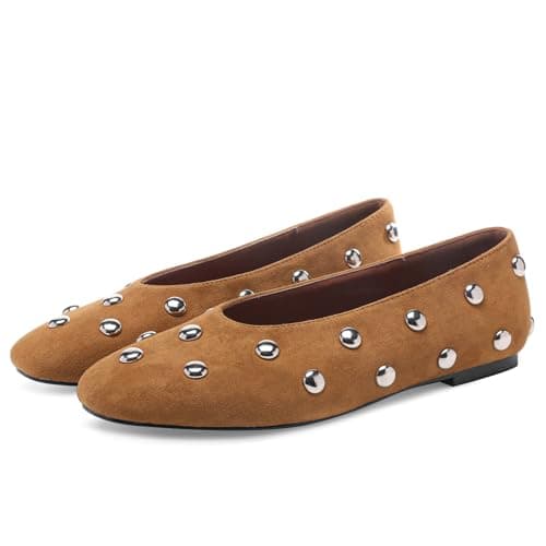 RBTHOLP Studded Flats for Women Suqare Toe Slip on Suede Ballet Flats Comfortable Walking Studs Ballet Shoes view 5