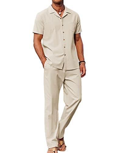 COOFANDY Men 2 Piece Linen Outfit Beach Button Down Shirt Casual Loose Pant Sets — image 1