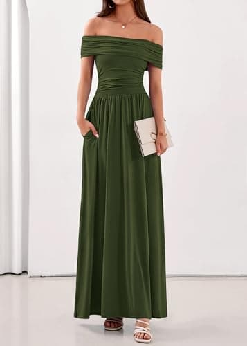 KIRUNDO Cocktail Dresses for Women 2026 Summer Off The Shoulder Ruched Pleated Long Flowy Formal Party Maxi Dresses Pockets view 5