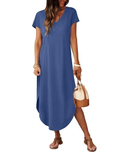 RUMIA Summer Casual Maxi Dresses for Women- Women's V Neck Cap Sleeve Long Sundress with Pockets Beach Vacation view 2