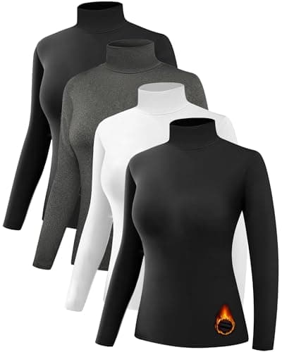 Dalavch 4 Pack Women’s Thermal Turtleneck Shirts, Women Turtle Neck Fleece Lined Compression Long Sleeve Base Layer Tops 2 Black 1 Heather Gray 1 White Medium