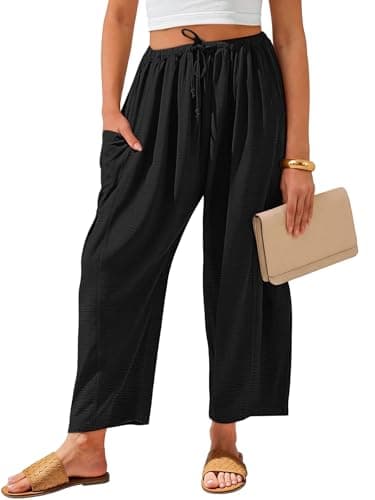 Caracilia Womens Wide Leg Pants 2026 Summer Palazzo Casual Loose Drawstring Lounge Flowy Beach Travel Vacation Harem Trousers Black Large