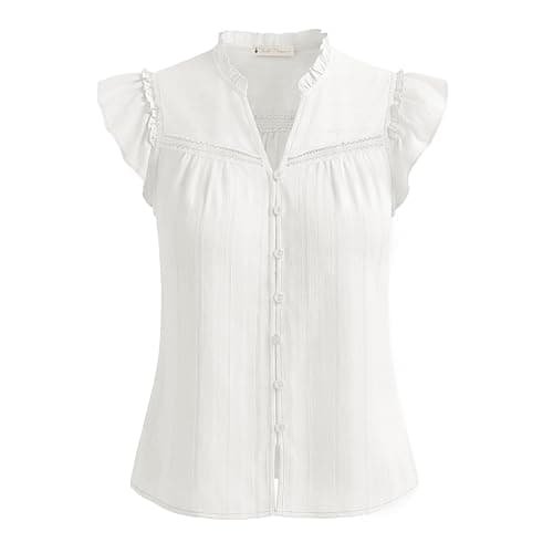 Belle Poque Women's Ruffle Sleeve Cotton Shirts V Neck Button Down Lace Crochet Blouses Spring Summer Dressy Casual Tops 2026 — image 1