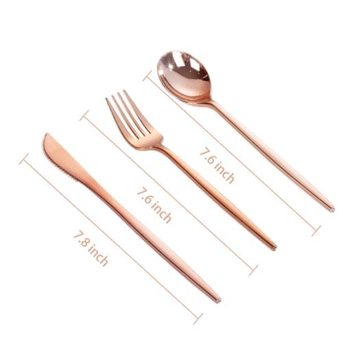 PULOTE 150PCS Rose Gold Plastic Silverware Set - Heavy Duty Rose Gold Utensils - Plastic Cutlery Disposable - Include 50 Forks, 50 Knives, 50 Spoons for Party, Mother's Day & Wedding view 3