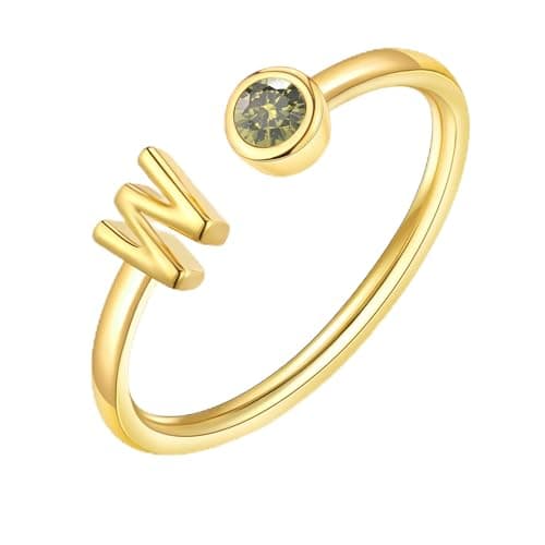 ZNBOH Gold Birthstone Initial Rings for Women Non Tarnish Dainty 14K Gold Plated Adjustable Letter Ring for Women Stackable Cute Thumb Pinky Fashion Unique Open Simple Birthday Gifts Jewelry — image 1