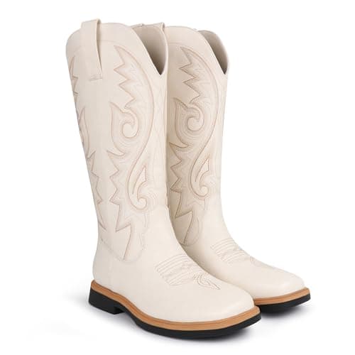 Hawkwell Women's Cowboy Cowgirl Boots Square Toe Side Zipper Embroidered Low Heel Dress Western Mid Calf Boot view 5