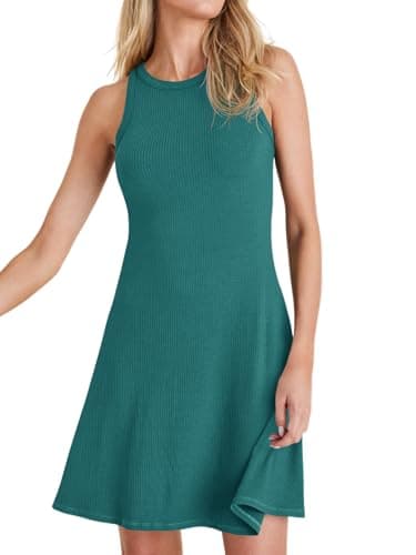 Wenrine Womens Summer Casual Tank Dress Ribbed Knit Sleeveless Crewneck A Line Mini Dresses — image 1