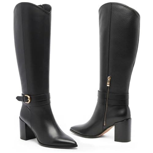 WIRALOMI Knee High Boots for Women Pointed Toe Chunky Heel Boots Metal Buckle Boots with Side Zipper view 5