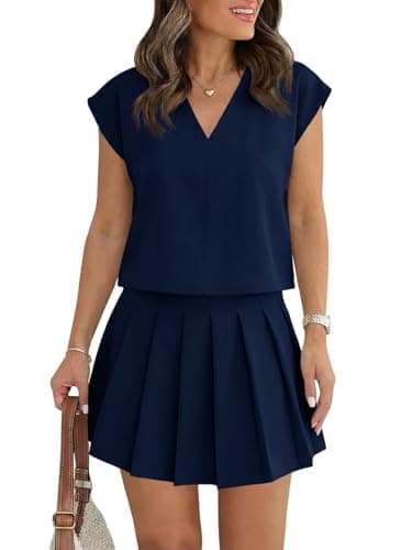 Wenrine Womens 2 Piece Skirt Sets Summer Casual V Neck Crop Tops Pleated Mini Skort Skirts Vacation Outfits Matching Sets — image 1