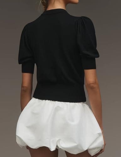 MSBESYOR Bow Tie Front Cardigan Sweater Short Puff Sleeve Button Down Trendy Summer Knit Thin Cropped Shirt Tops view 4