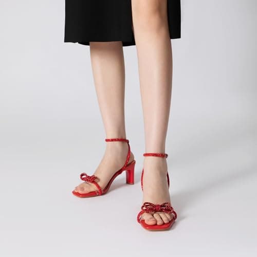 Athlefit Women's Rhinestone Bow Heels Clear Open Square Toe Block Heels Buckle Heeled Sandals for Party Wedding view 2
