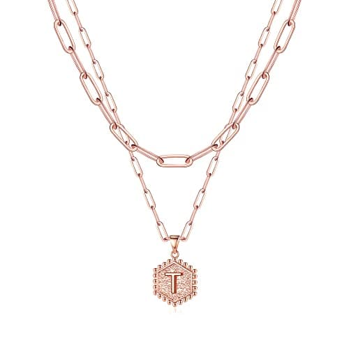 M MOOHAM Mothers Day Gifts, 14K-Gold-Plated Initial Necklaces for Women Cute Hexagon Letter Initial Necklace Layered Necklaces for Women Teen Girl Gifts — image 1