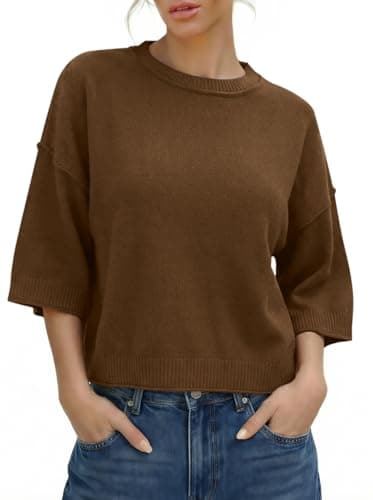 Sweater for Women Summer Short Sleeve Oversized Cropped Sweaters Casual Crewneck Lightweight Knit Tops — image 1