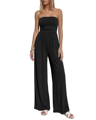 BTFBM Jumpsuits For Women Summer 2026 Beach Vacation Strapless Tube Top Jumpsuit Ruched Casual Wide Leg Pant Rompers(Black, XX-Large)