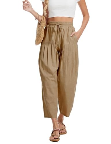 DAOAO Cotton Linen Barrel Pants Women Wide Leg Hippie Boho Casual Loose Harem Pants Pleated Pull On Elastic Waist view 6