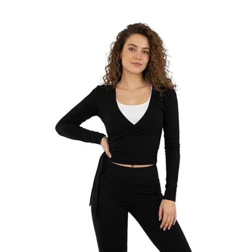 Women Ballet Pilates Wrap Tops Long Sleeve Tie Front Crop Shirts Y2K Dance Workout Yoga Going Out Tops view 6