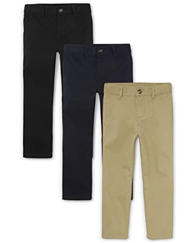 The Children's Place Boys' Stretch Chino Pants, Flax/New Navy/Black 3-Pack, 8