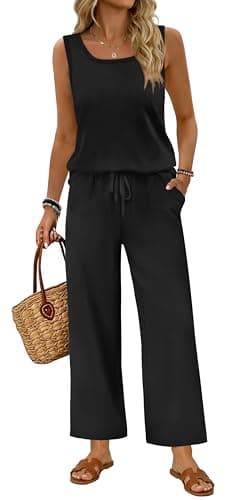 WIHOLL Two Piece Sets for Women Summer Spring Outfits Tank Square Neck Sleeveless Travel Vacation Lounge Wide Leg Pants Set view 1