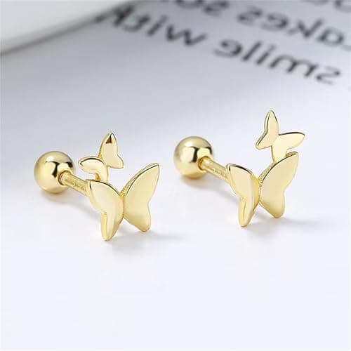 XIUQILAI 14K Gold Plated Stud Earrings for Women, with 925 Sterling Silver Posts, Heart/Butterfly/Snake Small Earring Lightweight Clip On Stud, Cartilage Helix Piercing view 4