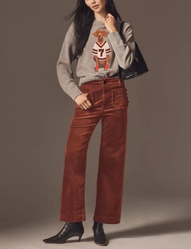 ACCPUR Women Corduroy Wide Leg Pants 2025 Fall Fashion Casual Button Down High Elastic Waist Trousers with Scalloped Pockets view 3