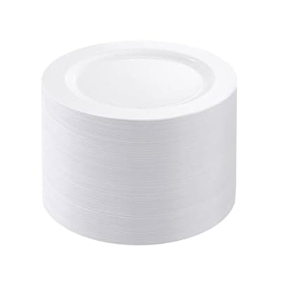 PULOTE 100PCS White Plastic Plates - 10 Inch Heavy Duty White Dinner Plates Disposable for Party & Wedding
