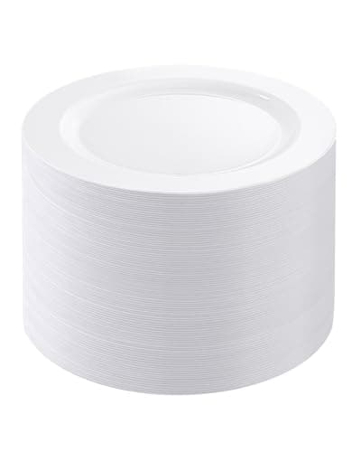 PULOTE 100PCS White Plastic Plates - 10 Inch Heavy Duty White Dinner Plates Disposable for Party & Wedding — image 1