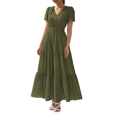 BTFBM Womens Summer Dresses 2026 V Neck Hollow Out Eyelet A Line Flowy Boho Beach Vacation Wedding Guest Maxi Dress