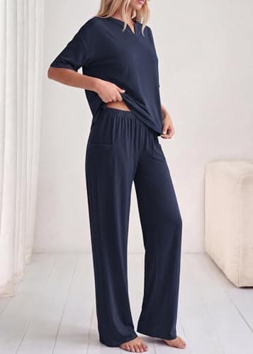 KIRUNDO Womens 2 Piece Matching Lounge Set Airport Travel Vacation Summer Outfits Oversized Short Sleeve Tops Wide Leg Pants view 3