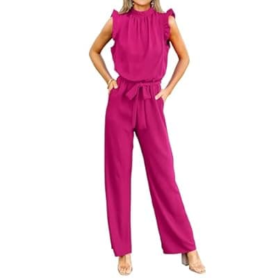 KIRUNDO Jumpsuits For Women Dressy Summer One Piece Sleeveless Ruffle Mock Neck Belt Pockets Formal Wide Leg Pants Romper