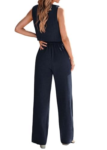 KIRUNDO 2 Piece Sets for Women Dressy Summer Button V Neck Crop Vest Blazer Wide Leg Pants Suit Matching Work Office Outfits view 2
