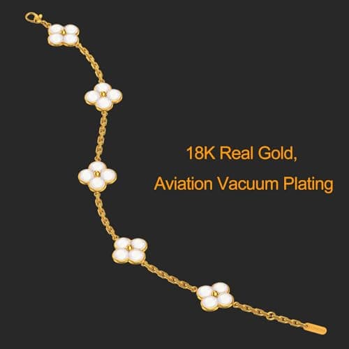 Gold Tone Clover Bracelet for Women, Adjustable Paperclip Chain Charm Bracelet, 5 Motifs (15mm), Stainless Steel Link Bracelet, Dainty Trendy Jewelry Gift view 3