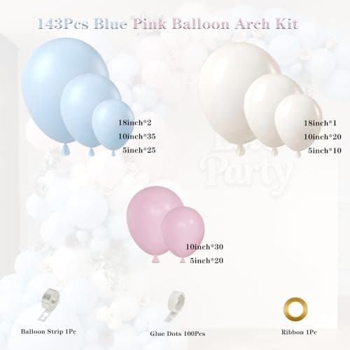 Pink and Blue Balloon Garland Arch Kit 143Pcs Pink White Blue Latex Balloons for Boys Girls Gender Reveal Birthday Party Decoration view 2
