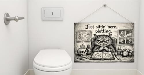 Just Sittin Here Plotting Metal Tin Sign Dark Humor Cat Artwork Funny Bathroom Wall Decor Gothic Sketch Style Plaque Restroom Home Office Gift 8x12 Inch Pre Drilled Hanging Art view 4