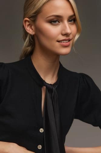 MSBESYOR Bow Tie Front Cardigan Sweater Short Puff Sleeve Button Down Trendy Summer Knit Thin Cropped Shirt Tops view 2