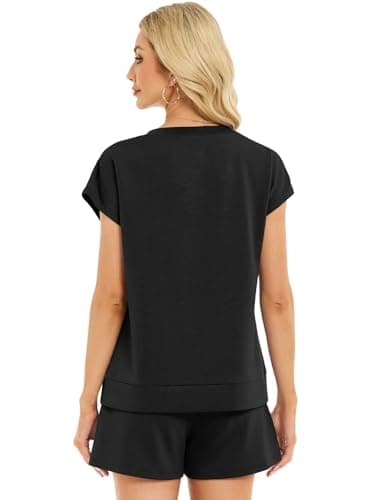 YOKGO Two Piece Sets for Women Summer V Neck Short Set Vacation Lounge Cap Sleeve Drawstring Sweatsuit with Pocket view 5