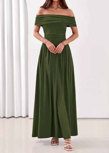 KIRUNDO Cocktail Dresses for Women 2026 Summer Off The Shoulder Ruched Pleated Long Flowy Formal Party Maxi Dresses Pockets view 3