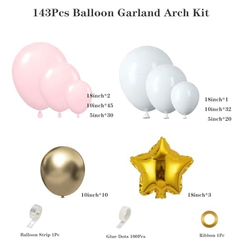 Pink White Gold Balloon Arch Garland Kit 143Pcs Pink White Metallic Gold Latex Balloons with Star Foil Balloons for Wedding Bridal Shower Birthday Party Decorations view 2