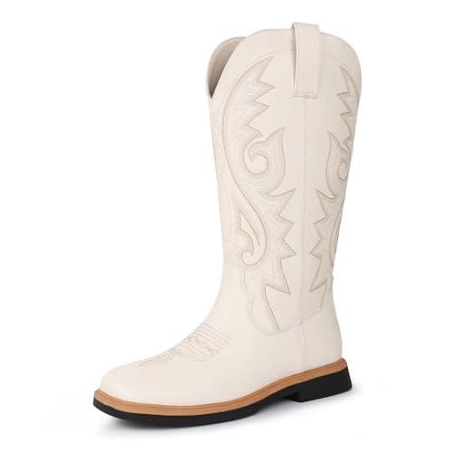 Hawkwell Women's Cowboy Cowgirl Boots Square Toe Side Zipper Embroidered Low Heel Dress Western Mid Calf Boot view 6