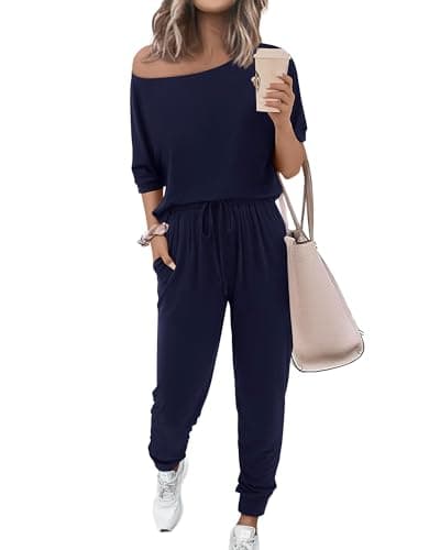 Zenlonr Women Summer 2 Piece Outfits 2026 Off Shoulder Short Sleeve Tops Elastic Waist Drawstring Long Pants Tracksuit view 1